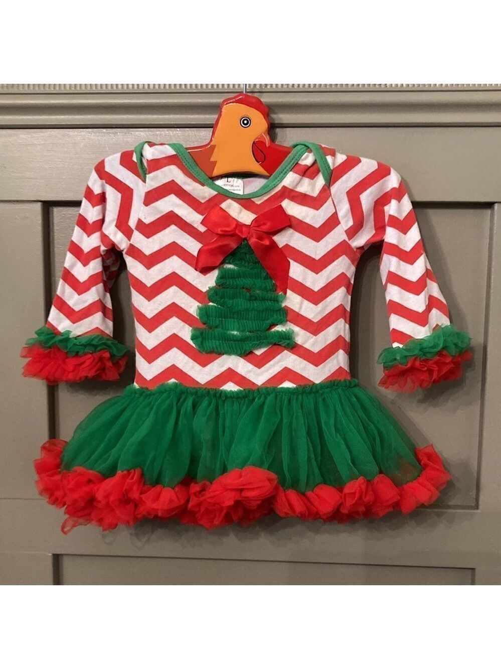 𝅺BABY Girl Infant Christmas Tree Elf Tutu Dress Chevron Tulle Red & Green